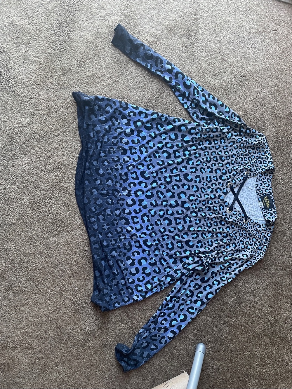 Bob Mackie Blue and Black Leopard-Print Long Sleeve Top